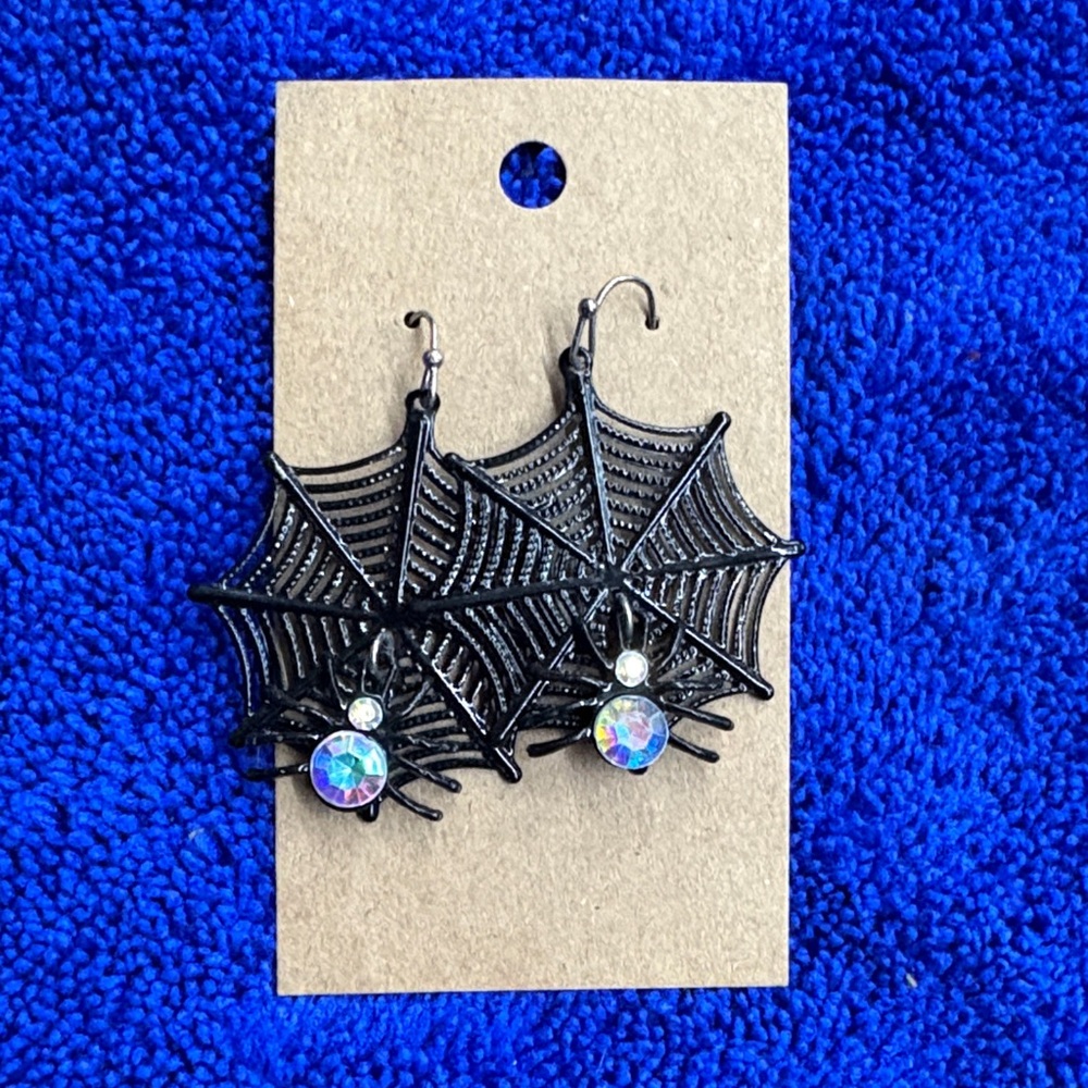 Black Spider Web Earrings with Iridescent Gem